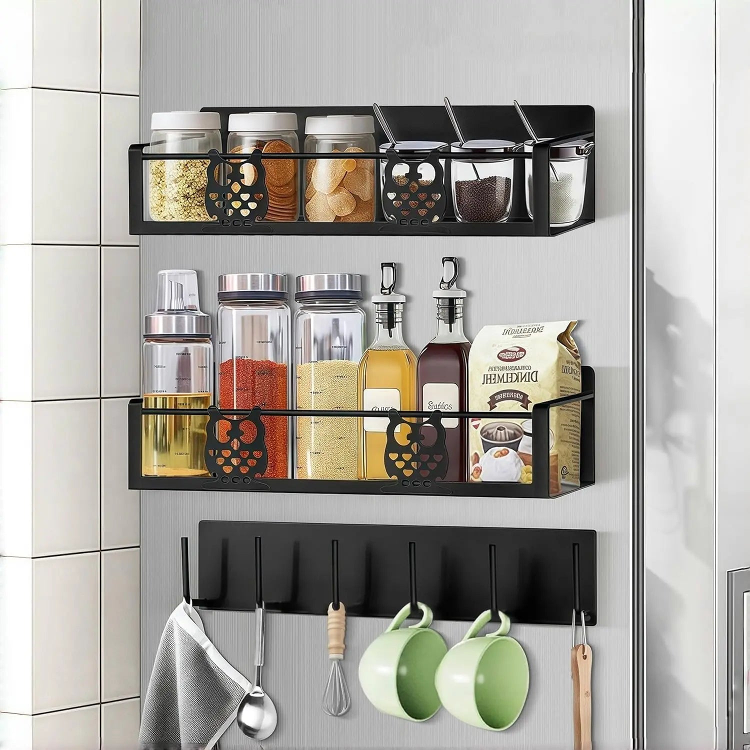 Owl laser-cut design detail magnetic spice rack black metal kitchen decor
