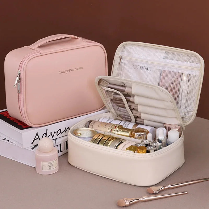 Makeup bag interior with velcro partitions and cosmetics storage