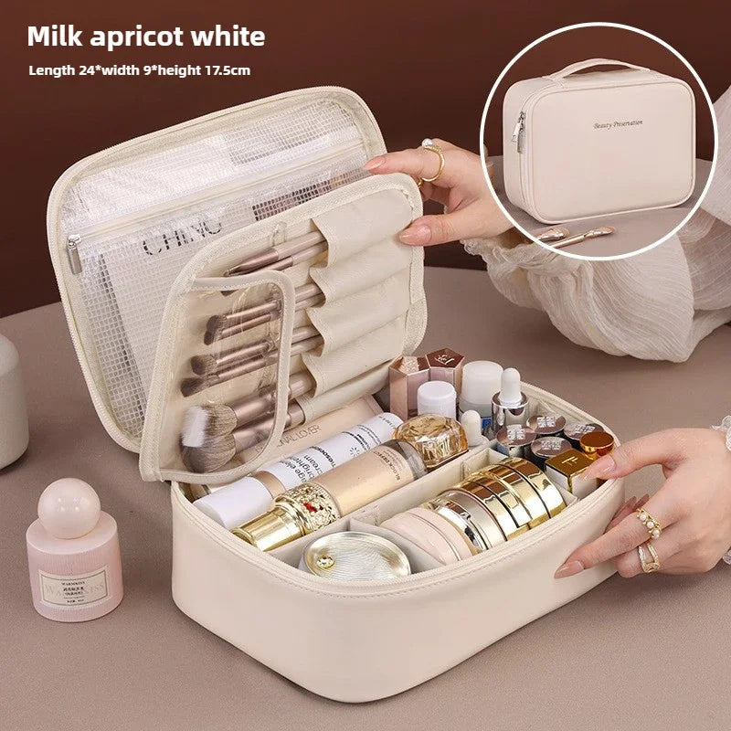 Large capacity PU leather makeup bag beige travel cosmetic organizer