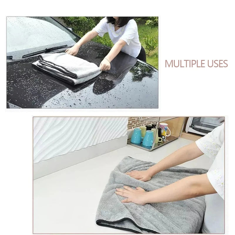 Woman using microfiber towel to dry car hood after wash