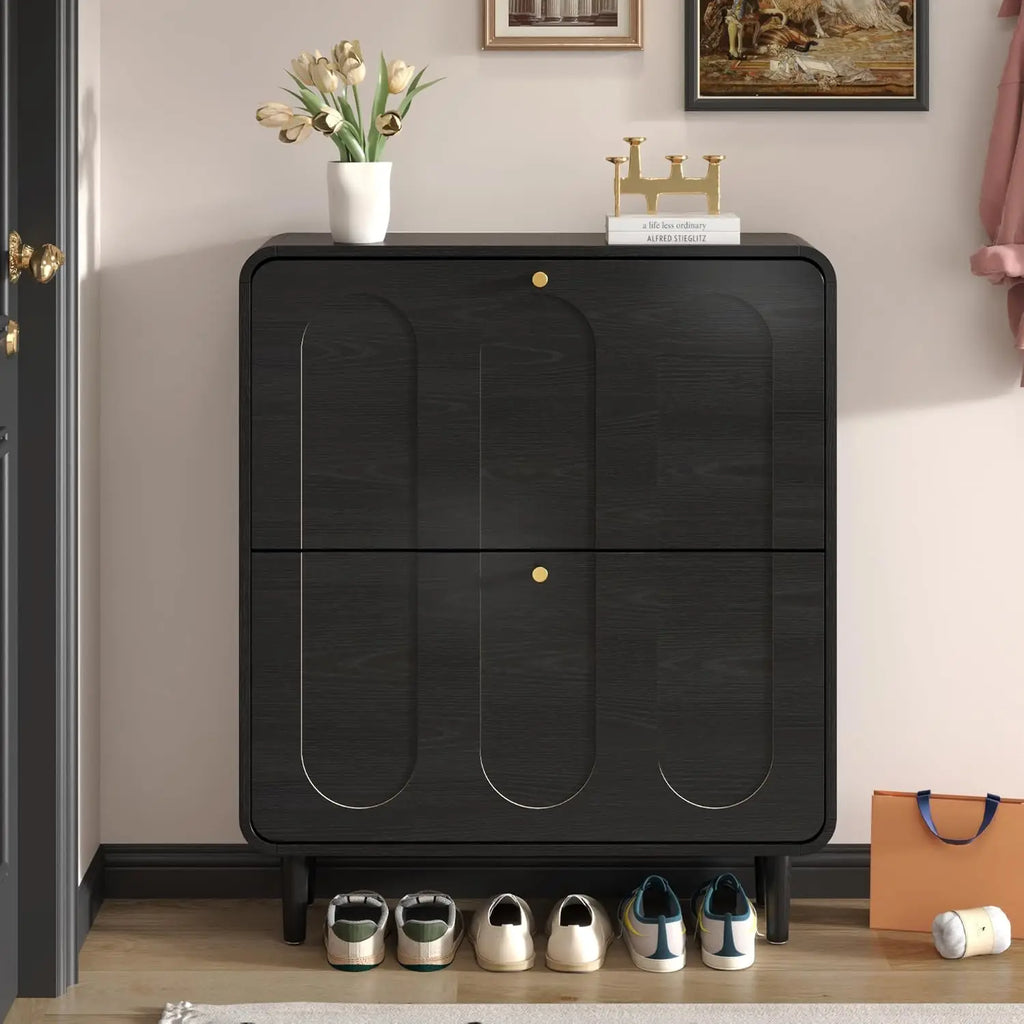 Narrow shoe cabinet black variant — arched panel flip drawer entryway storage