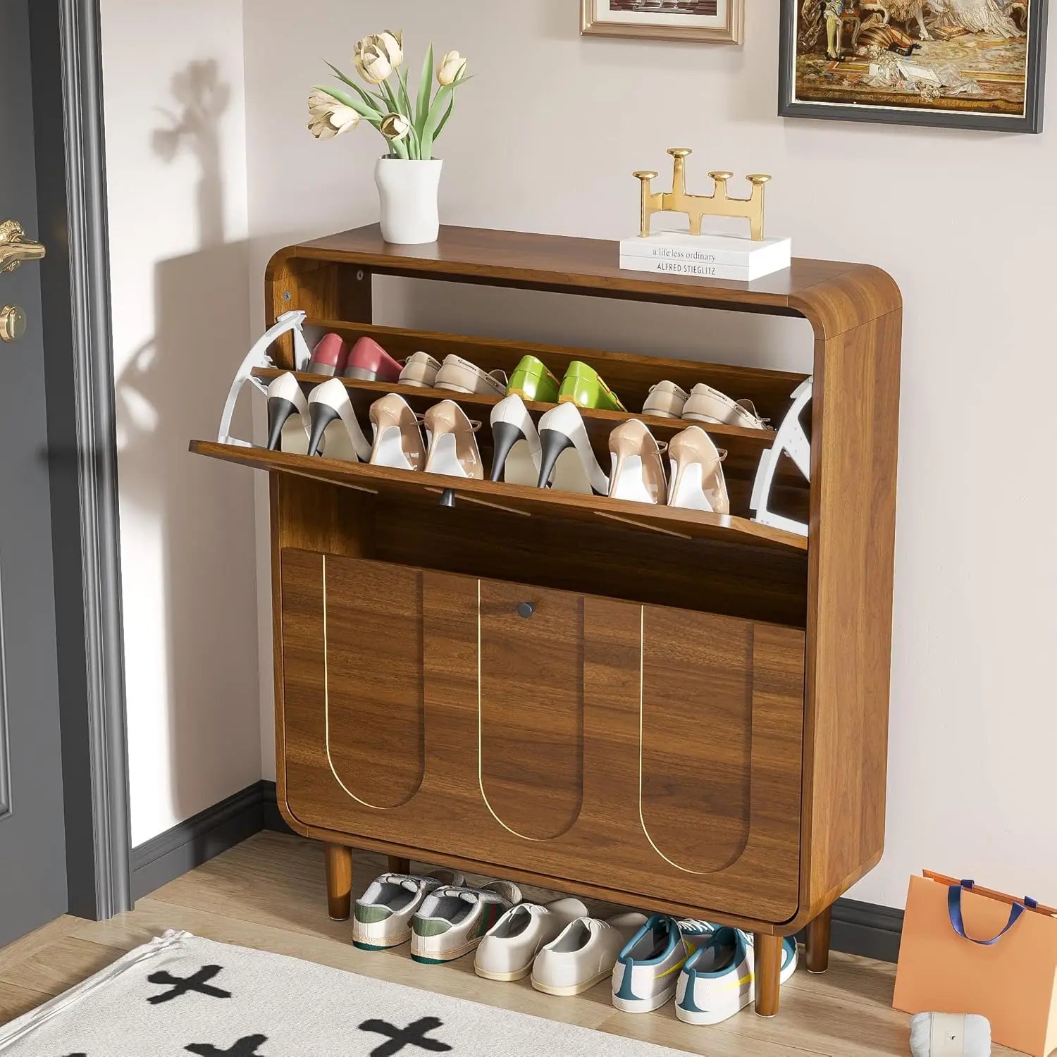 Narrow shoe cabinet flip drawer open lifestyle — entryway shoe organization
