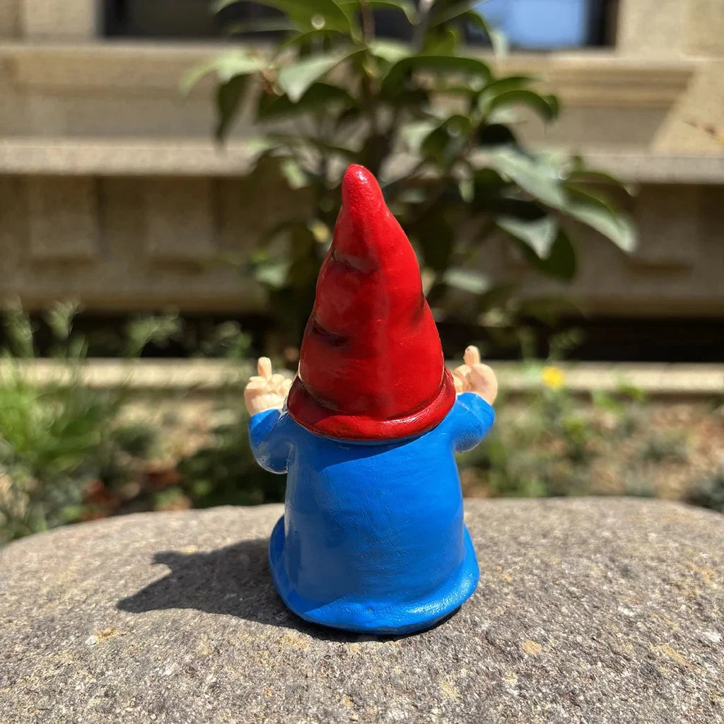 Naughty garden gnome statue back view — hand-painted resin lawn ornament