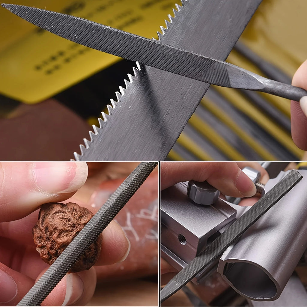Needle files in use on wood plastic and metal surfaces
