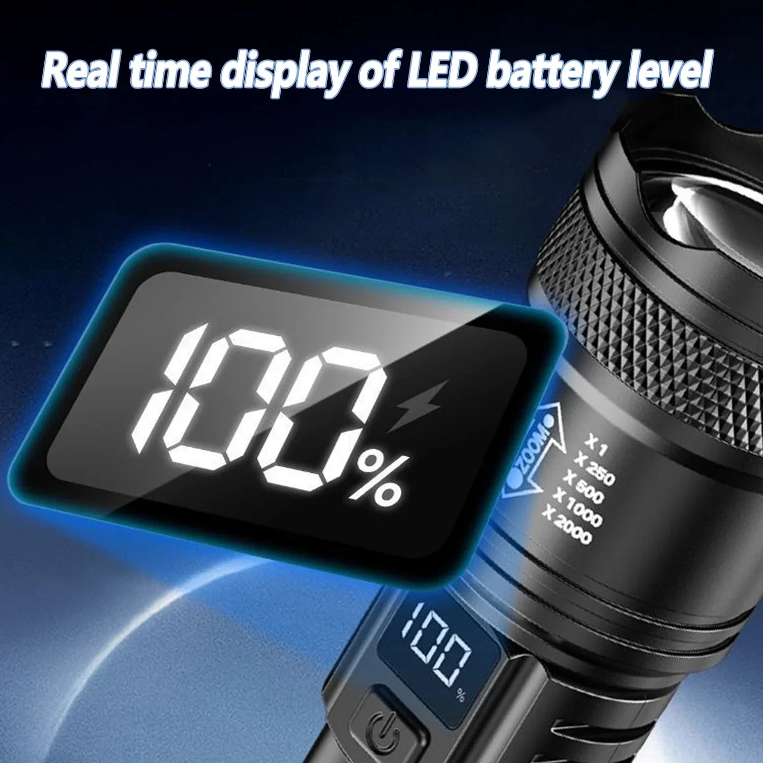 LED flashlight LCD real-time battery level display screen