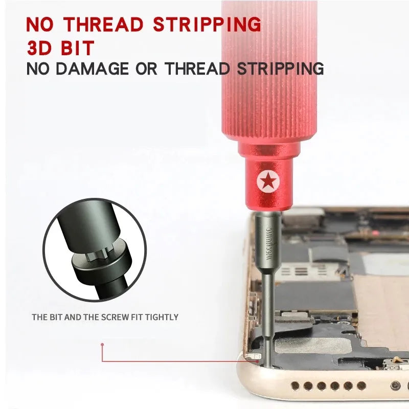 Mini screwdriver in use repairing iPhone mobile phone
