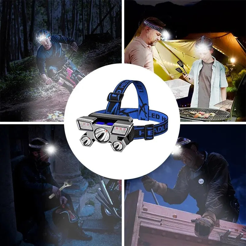 Person wearing rechargeable LED headlamp for hiking