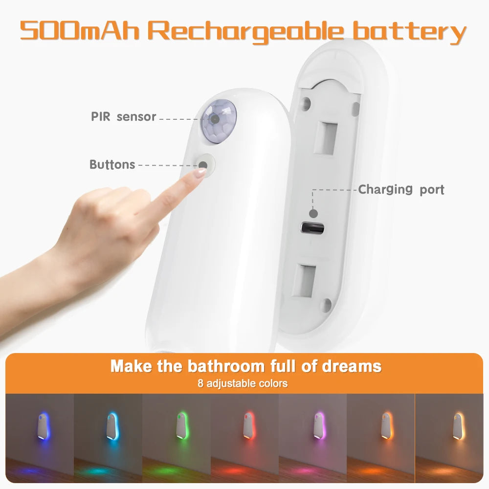 RGB night light features infographic — auto on off motion sensor 8 colors