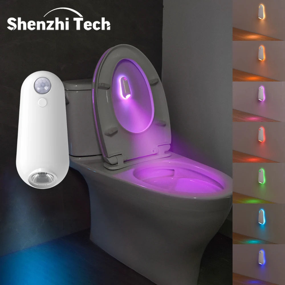 RGB night light on toilet showing color cycle — motion activated bathroom light