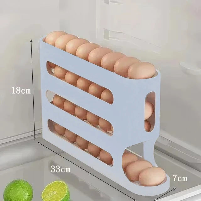 Egg organizer side view showing inclined track gravity design
