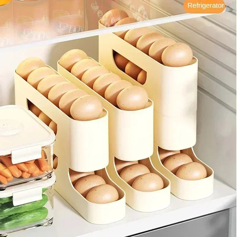 Egg organizer dispensing one egg at a time gravity feed
