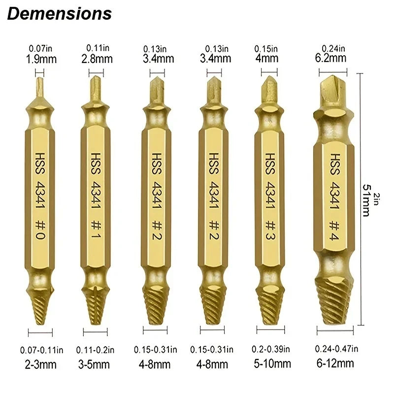 Screw extractor set dimensions and size chart HSS 4341 gold