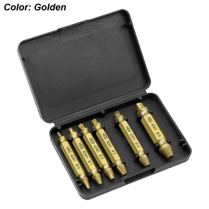 Gold titanium coated screw extractor set 6 piece in black storage case