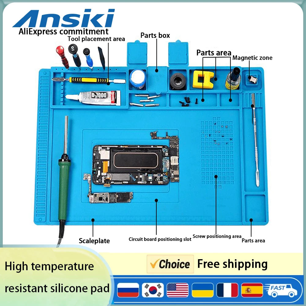 Silicone ESD antistatic repair mat zones labeled tool area parts box magnetic screw positioning