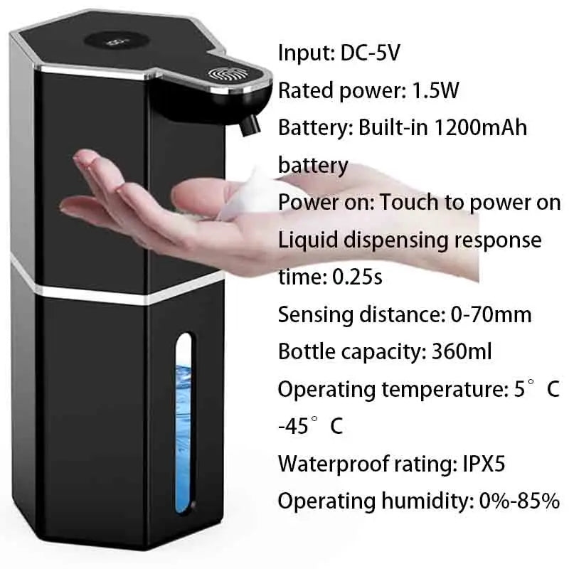 Soap dispenser specifications USB-C rechargeable IPX5 waterproof