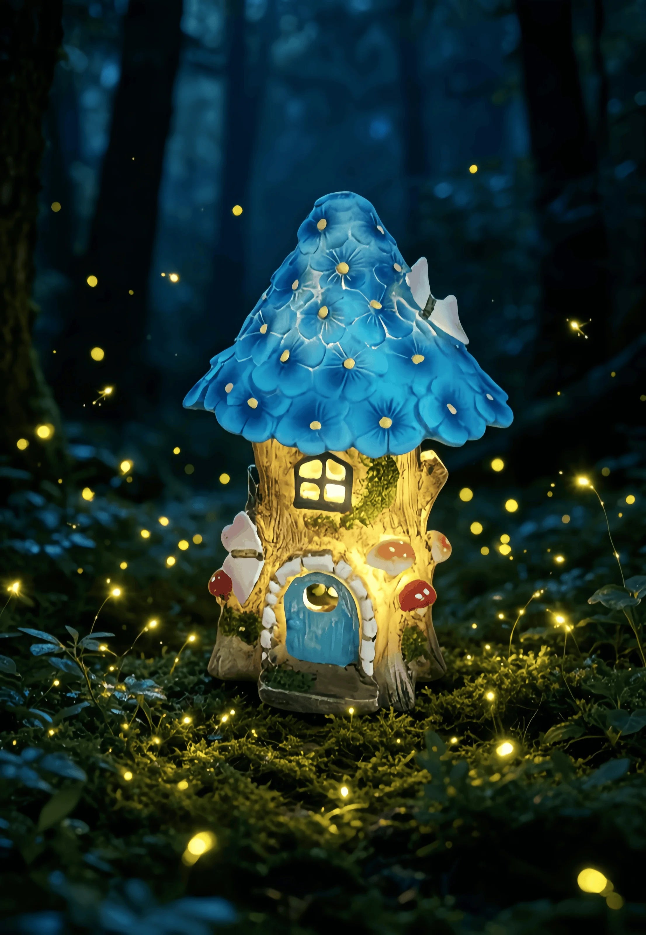 Solar fairy house garden light glowing at night — enchanted resin outdoor decor