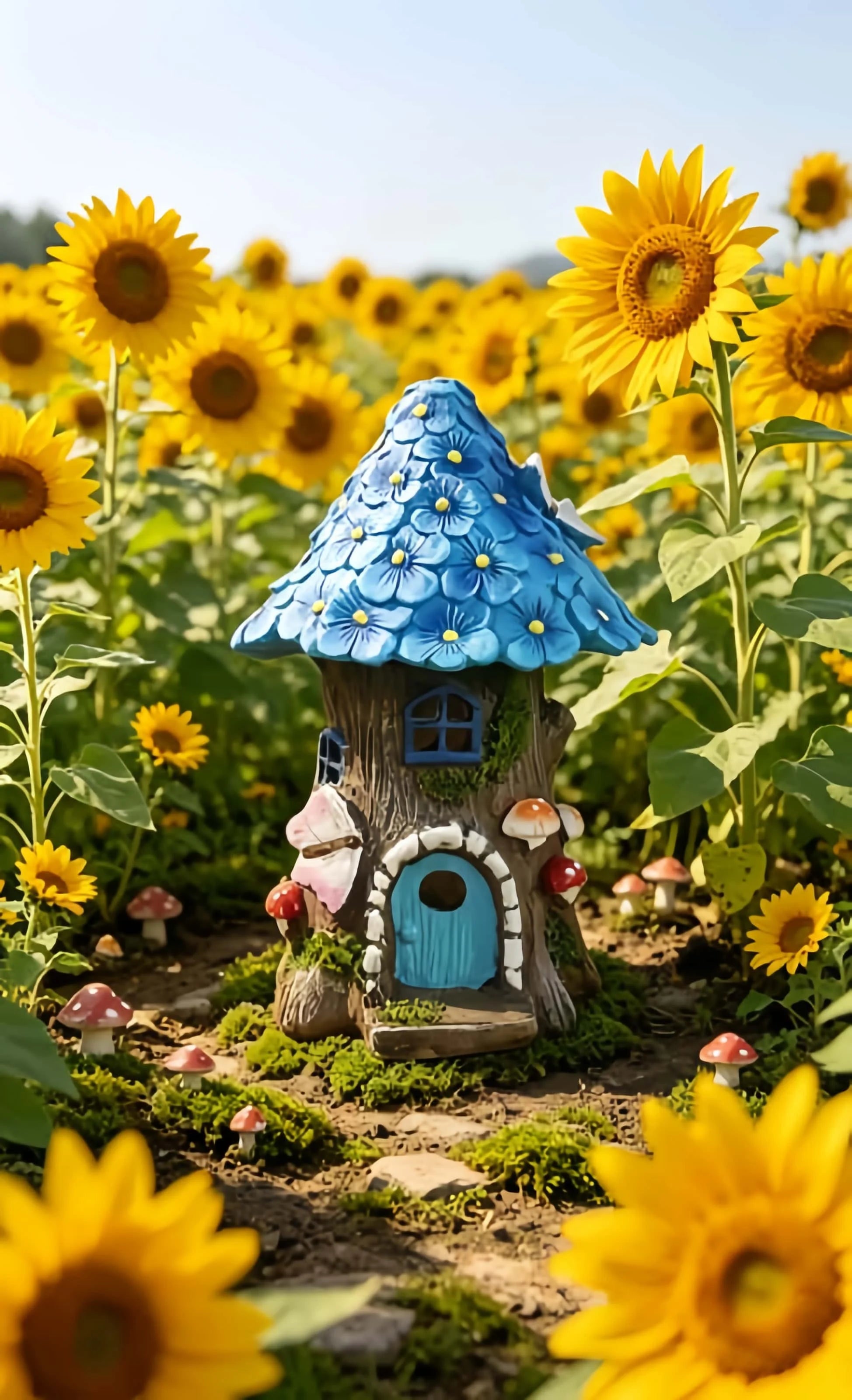 Solar fairy house garden light among sunflowers — blue flower roof resin statue