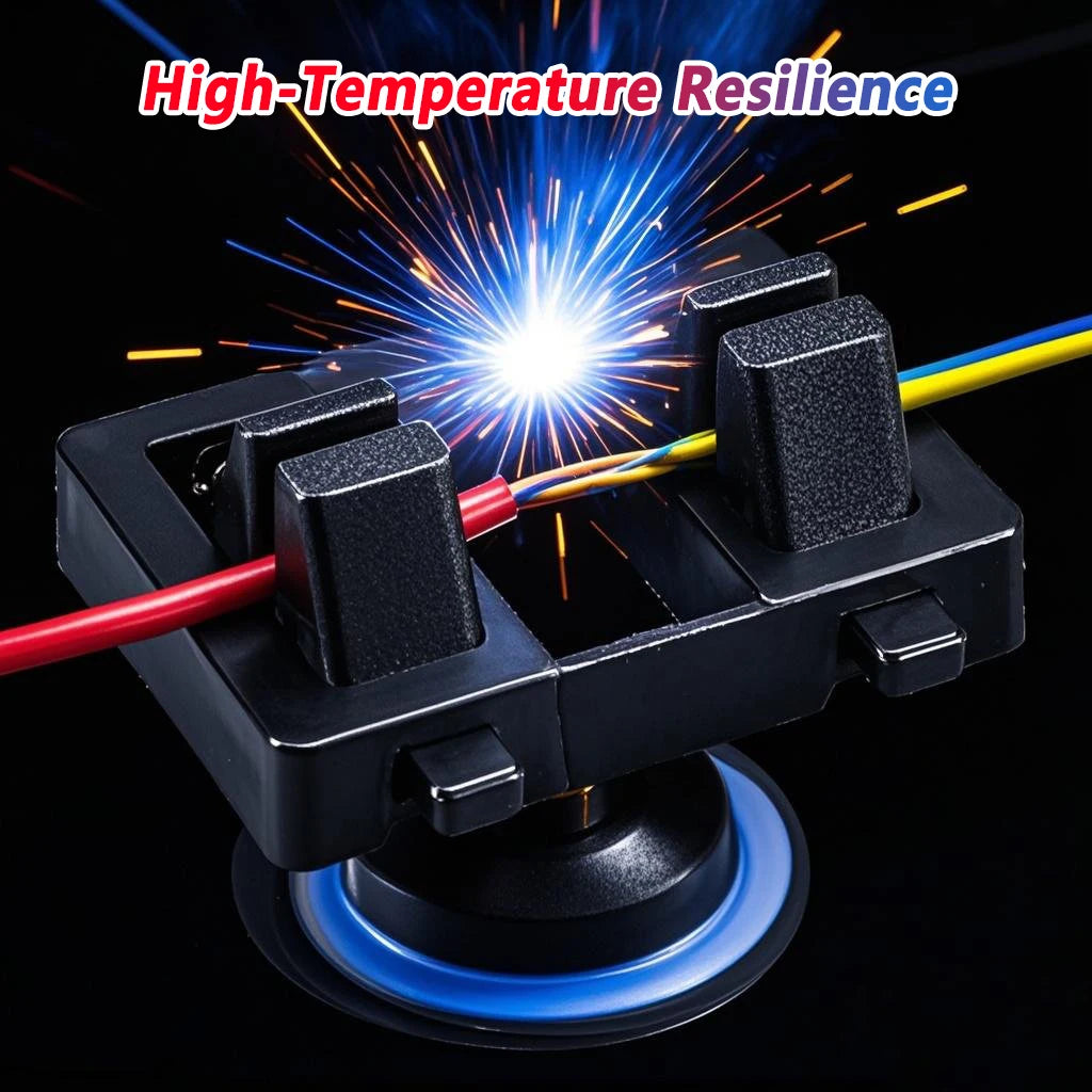 Soldering fixture clamp in use with welding sparks blue