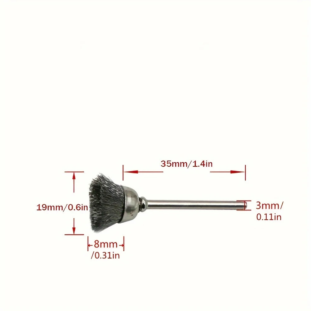 Steel wire cup brush dimensions 19mm height 8mm base 3mm shank