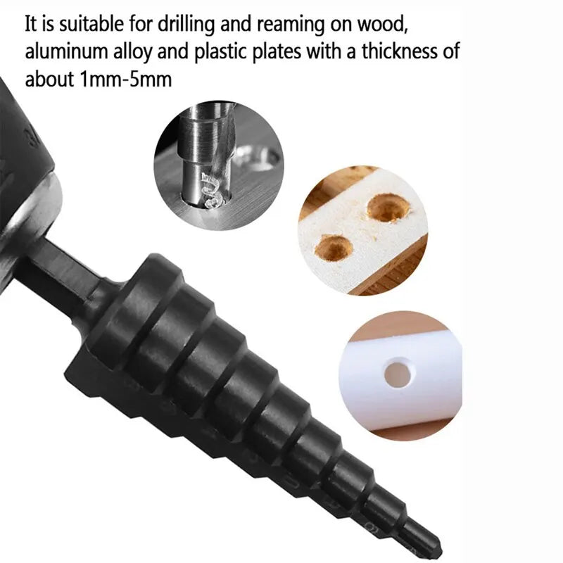 Step drill bit compatible materials wood aluminum plastic