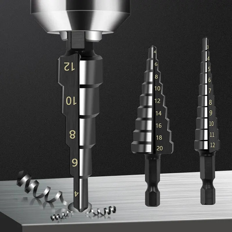 HSS step drill bit in use drilling metal