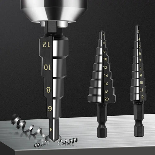 HSS step drill bit in use drilling metal
