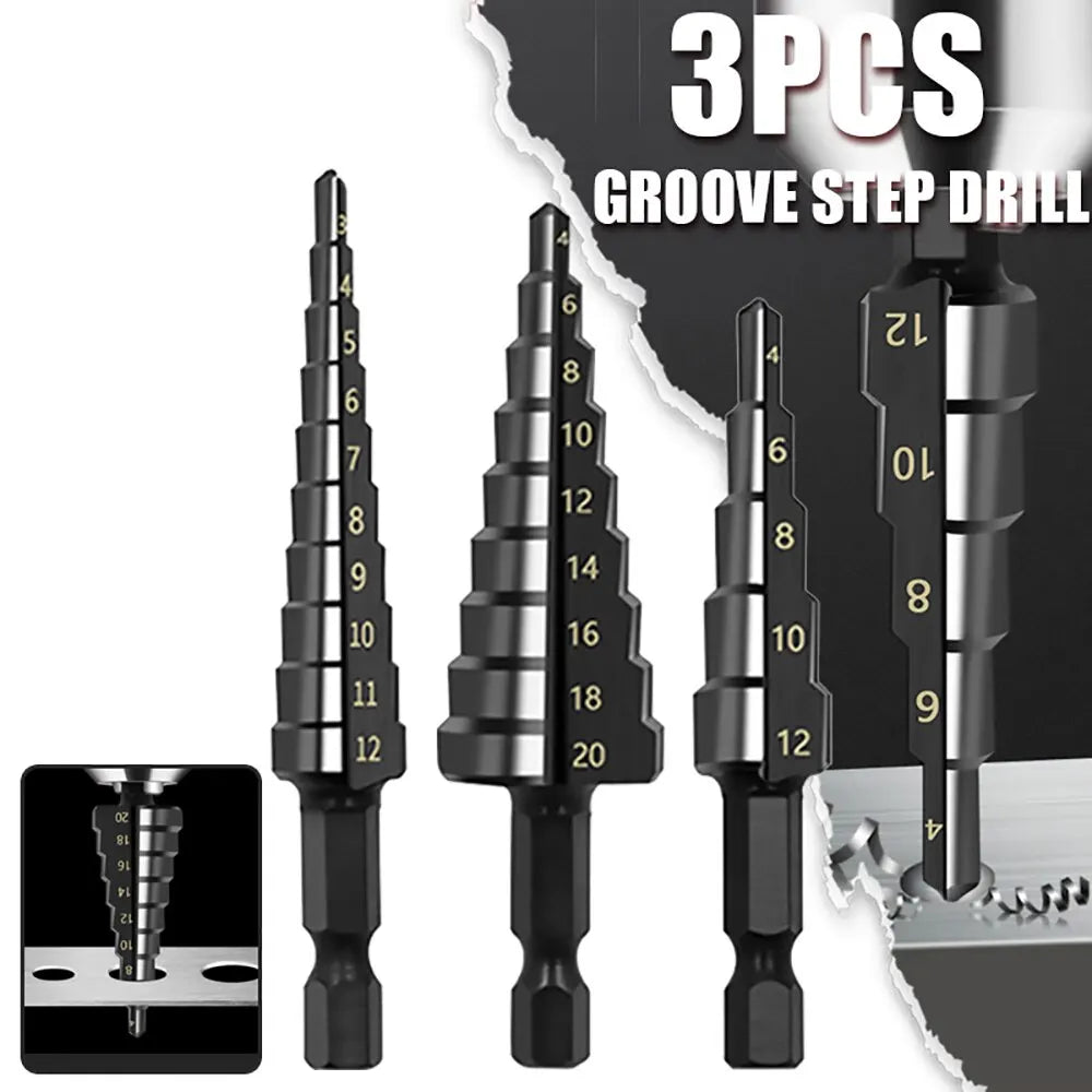 3 piece HSS step drill bit set nitride black hex shank