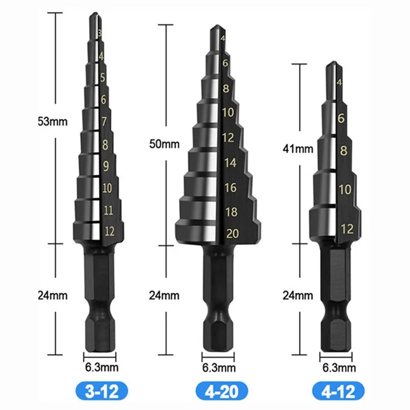 Step drill bit size markings etched on each step