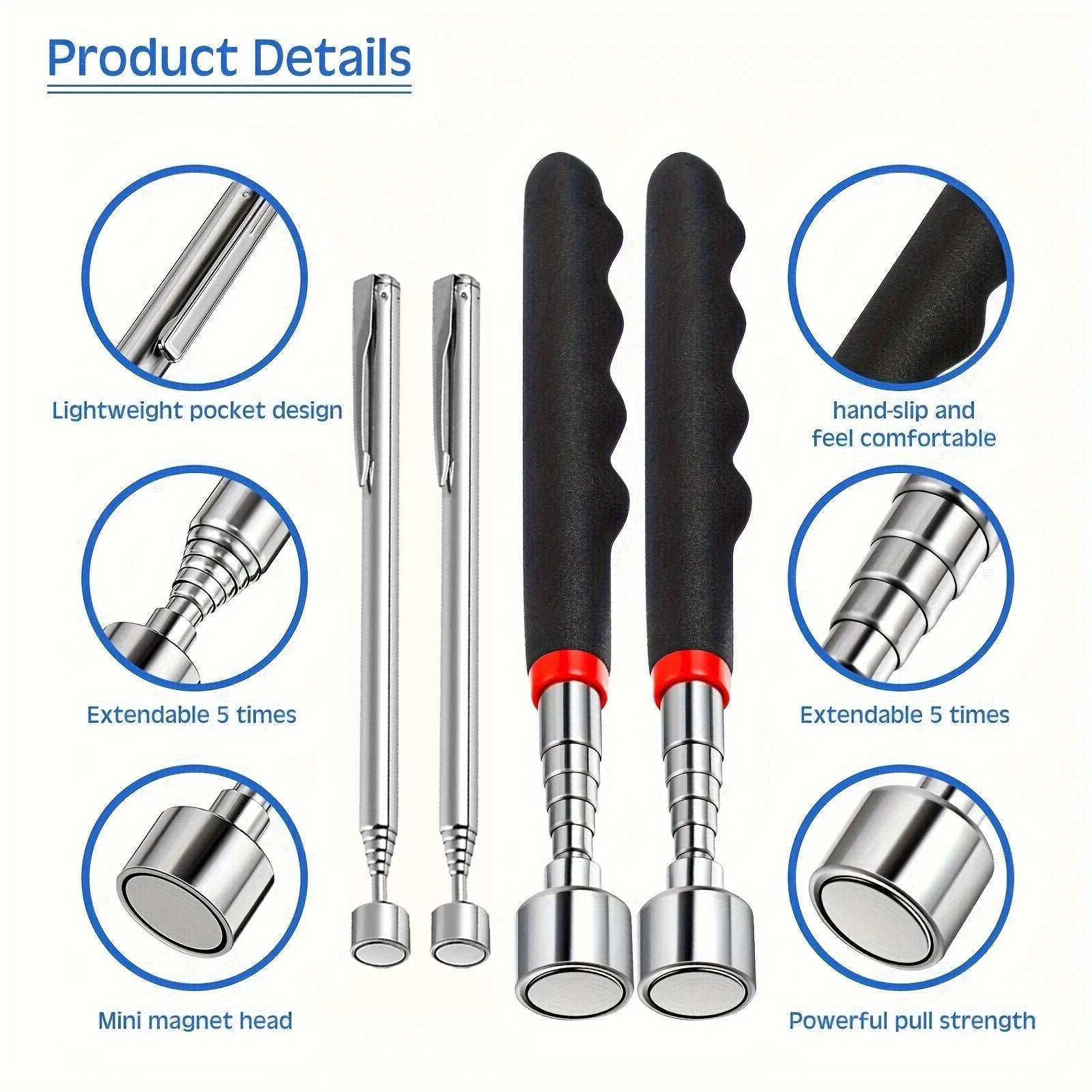 Telescopic magnetic pickup tool product details — 5-stage extension magnet features