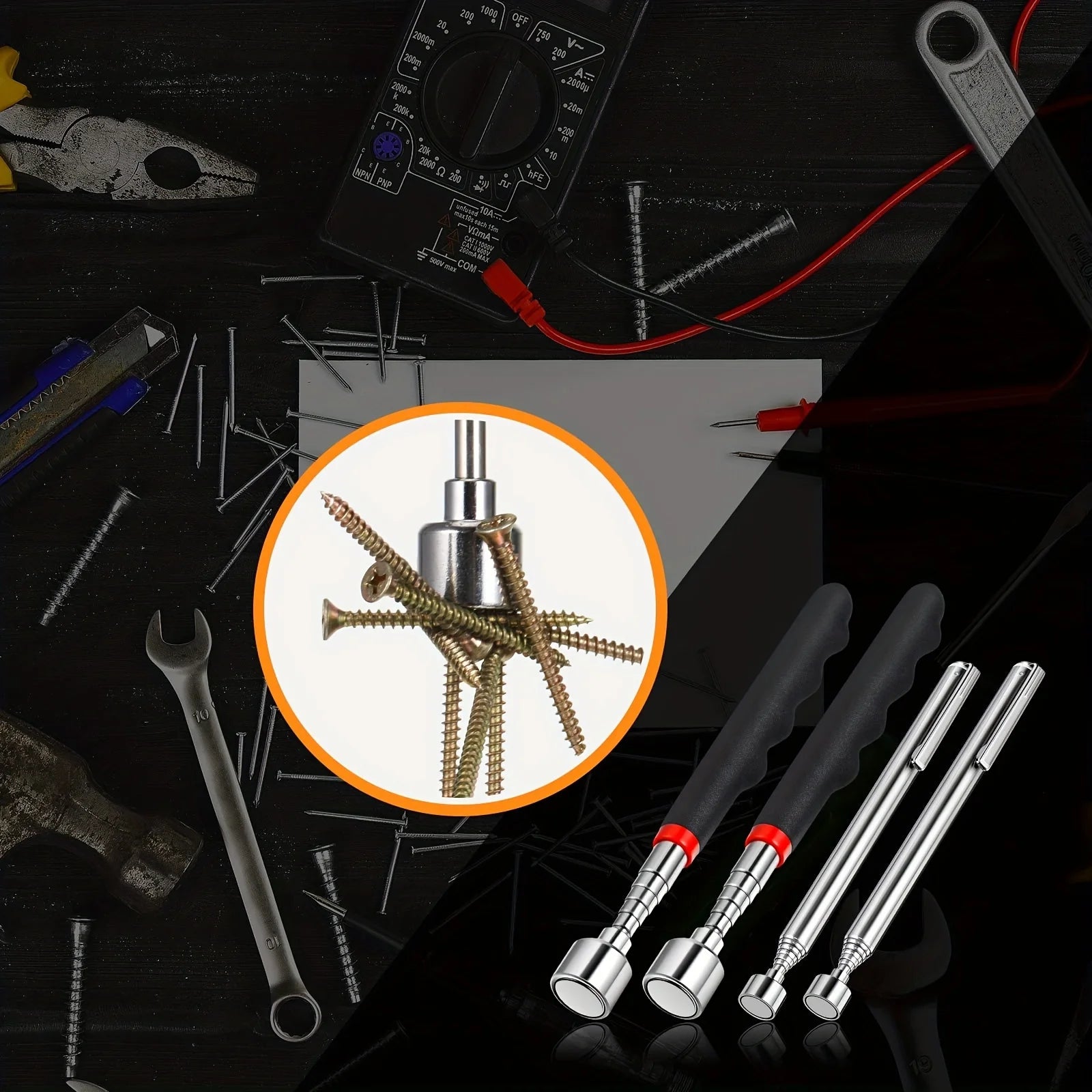 Magnetic pickup tool tip holding multiple screws — powerful neodymium magnet