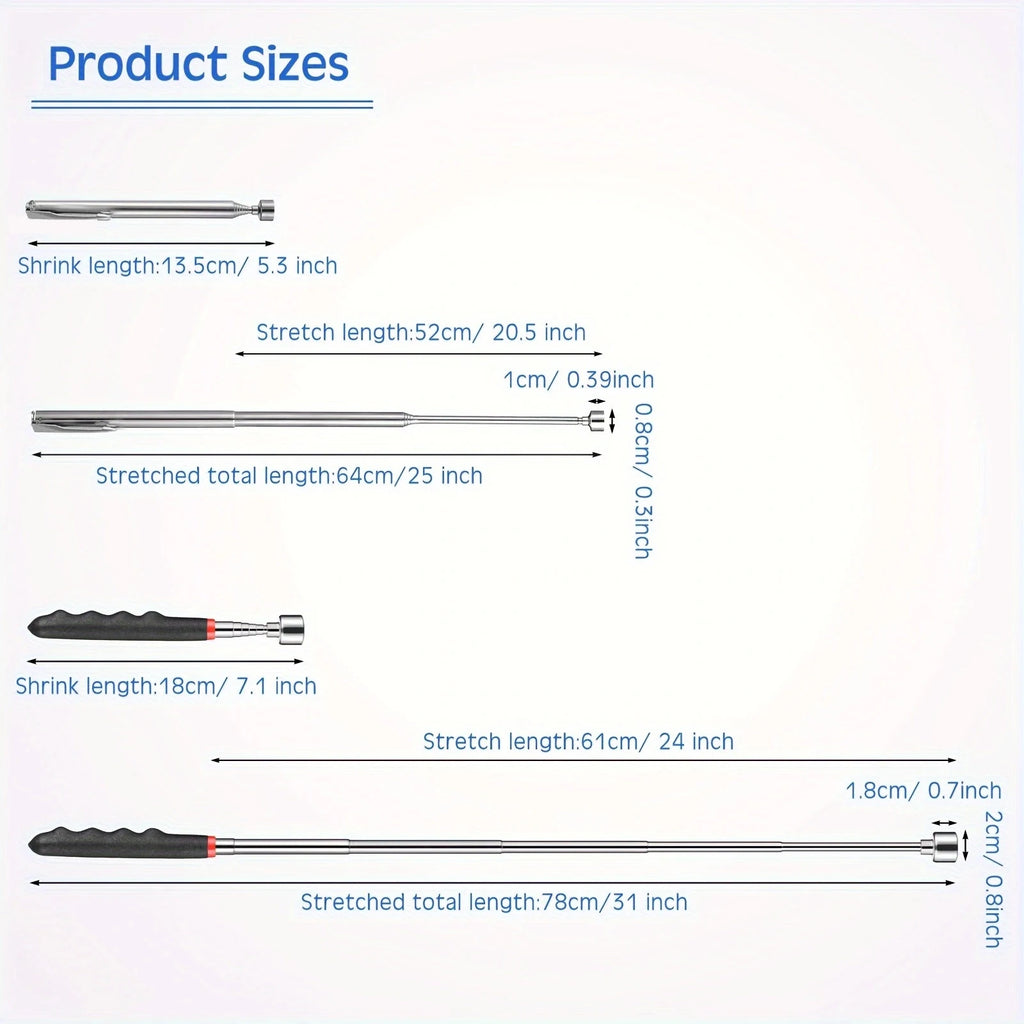 Telescopic magnetic pickup tool size chart — collapsed and extended dimensions