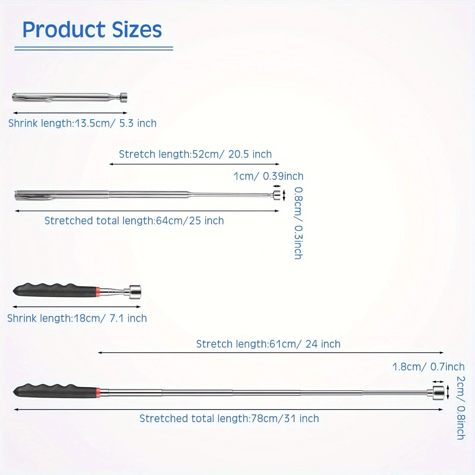 Telescopic magnetic pickup tool size chart — collapsed and extended dimensions