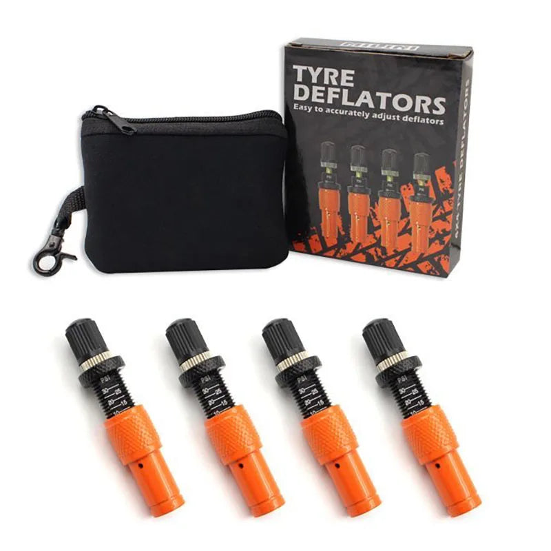 4-piece automatic tire deflation valve set with carry pouch off-road