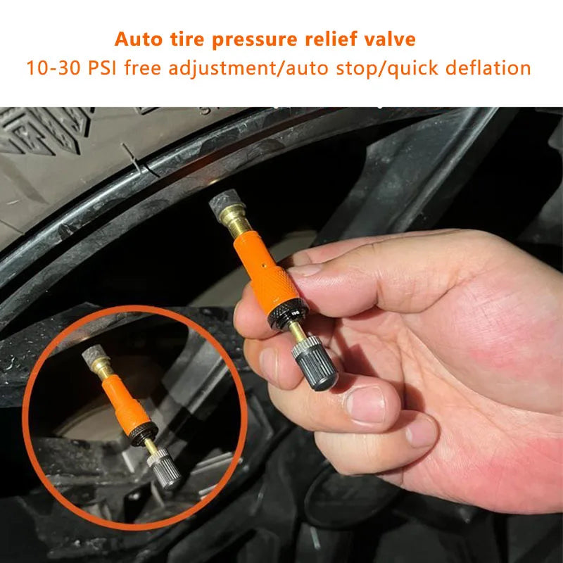 Automatic tire deflator installed on valve stem truck wheel