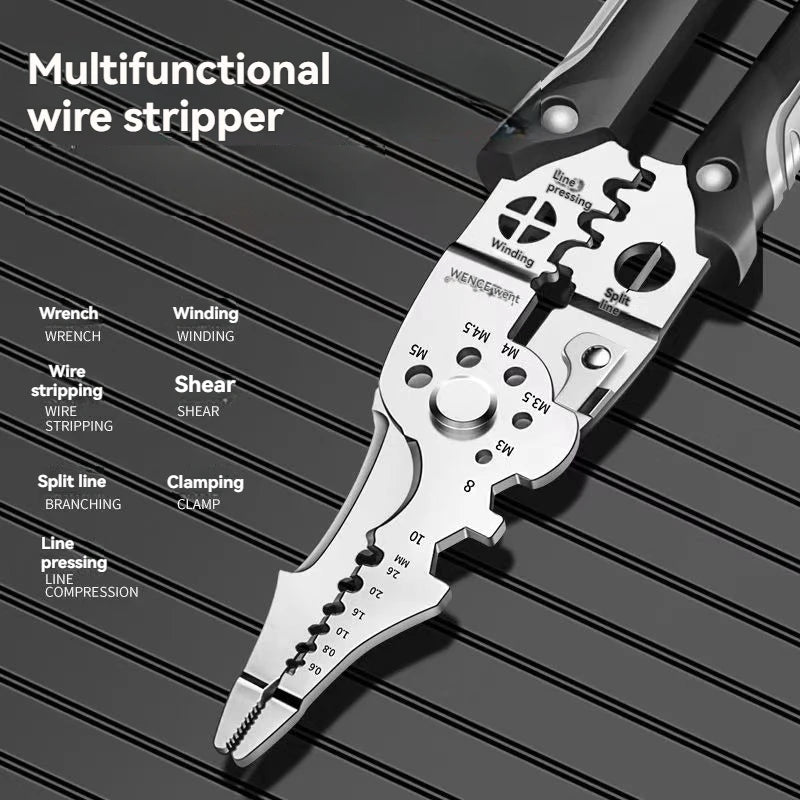 Multifunctional wire stripper features cutting stripping crimping winding